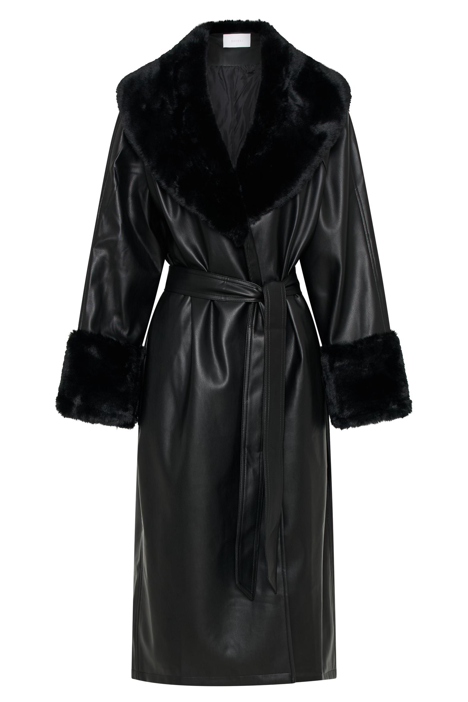 Rebekah Oversized Pu Trench Coat With Fur Trim - Black Product Image