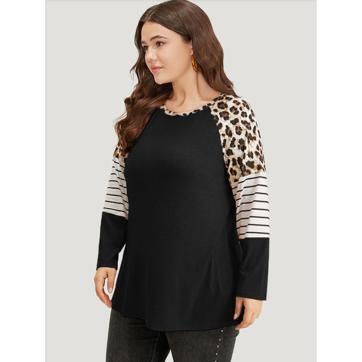 Plus Size Striped Patchwork Leopard Print Crew Neck T-shirt Black Women Casual Contrast Leopard Round Neck Dailywear T-shirts BloomChic 14-16/1X Product Image