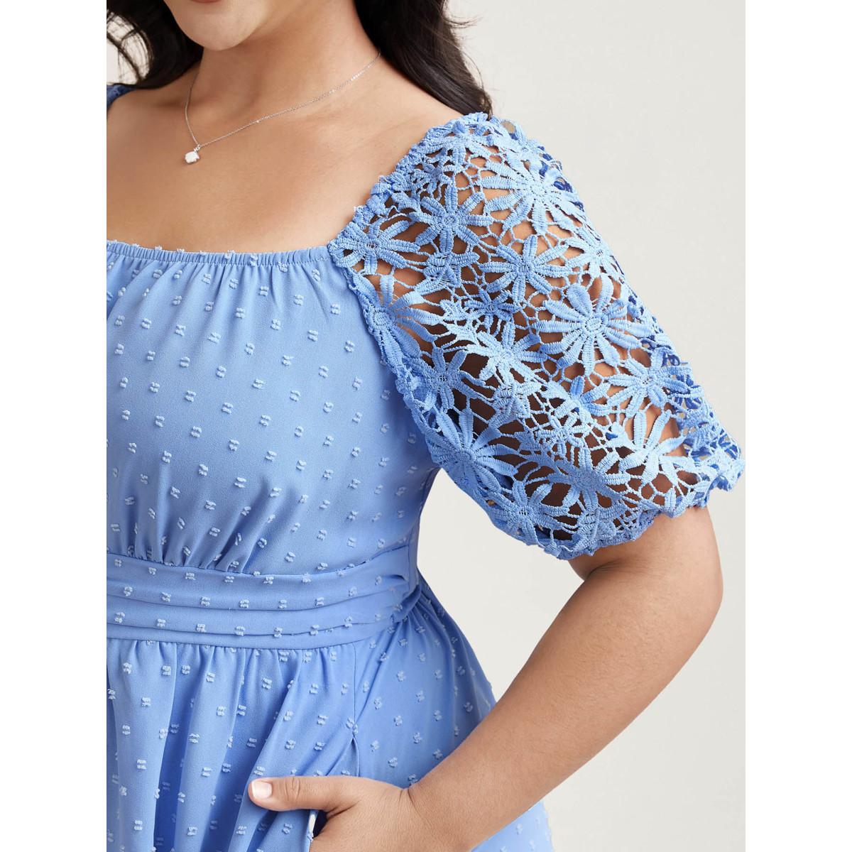Plus Size Textured Lace Sleeve Stretchy Waist Midi Dress Skyblue Women Timeless Woven ribbon&lace trim Square Neck Short sleeve Curvy BloomChic 18-20/2X Product Image