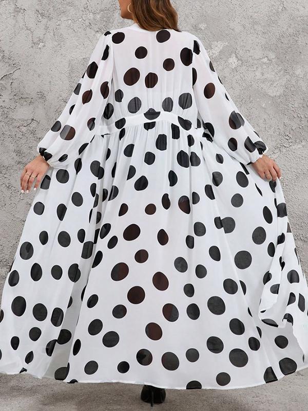 High Waisted Long Sleeves Pleated Polka-Dot See-Through Split-Joint Deep V-Neck Maxi Dresses Outerwear Product Image