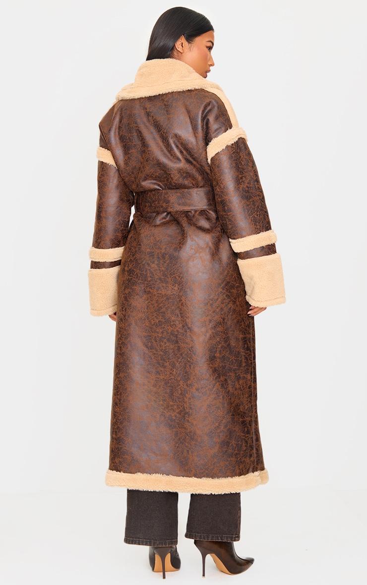 Brown Faux Leather Vintage Look Borg Coat Product Image