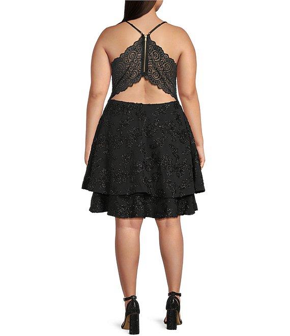 Honey and Rosie Plus Size Scuba Crepe Embroidered Deep V-Neck Scalloped Lace Back Fit And Flare Dress Product Image