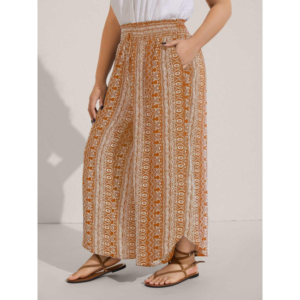 Plus Size Boho Print Shirred Waist Wide-Leg Pants Women Yellowishbrown Boho Wide Leg Mid Rise Vacation Pants BloomChic 22-24/3X Product Image