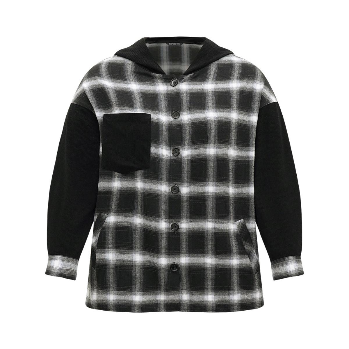Plus Size Plaid Hooded Patched Pocket Button Up Patchwork Coat Women Black Contrast Pocket Dailywear Jackets BloomChic 18-20/2X Product Image