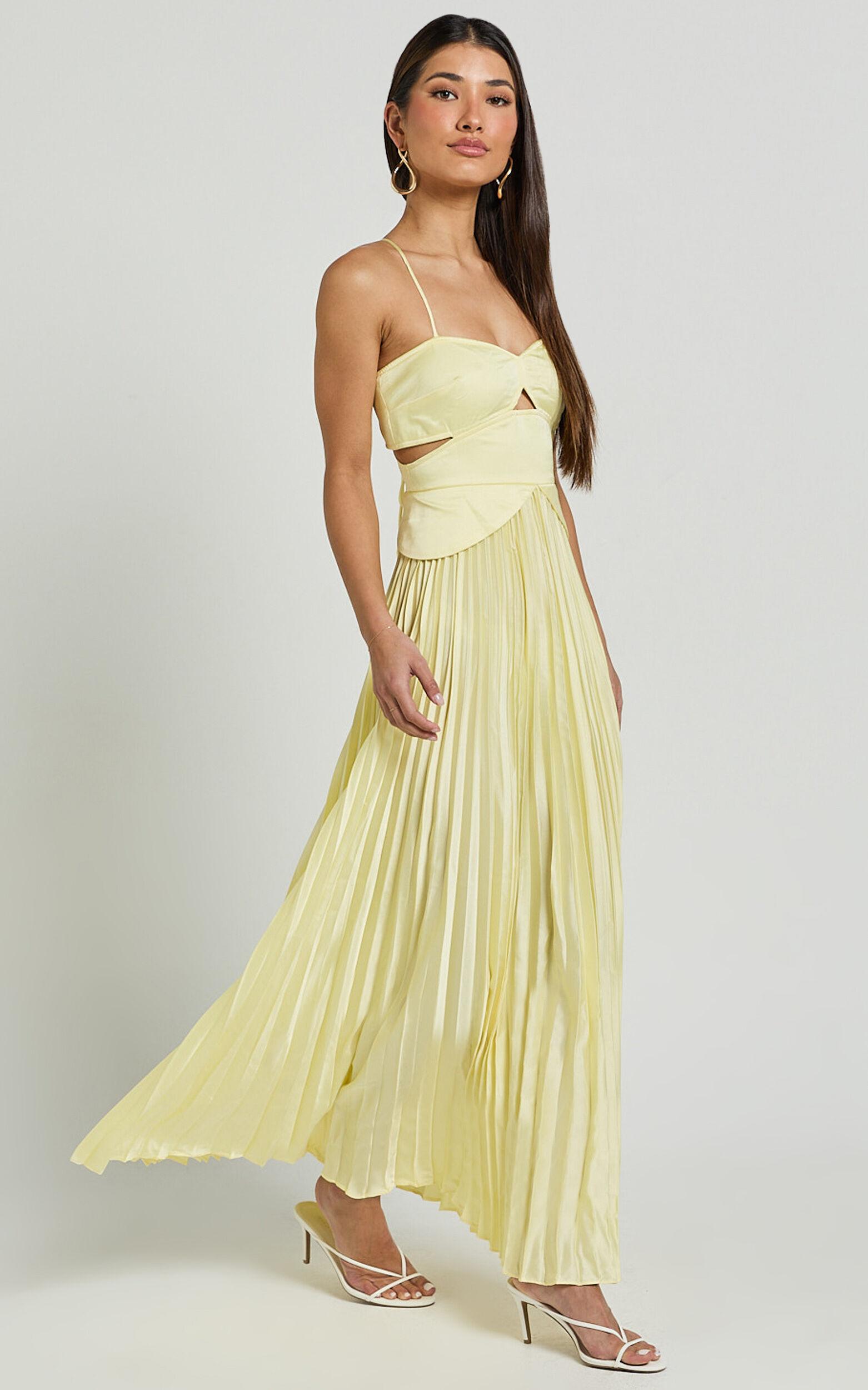 Shay Maxi Dress - Sweetheart Cut Out Pleated Dress in Lemon Product Image