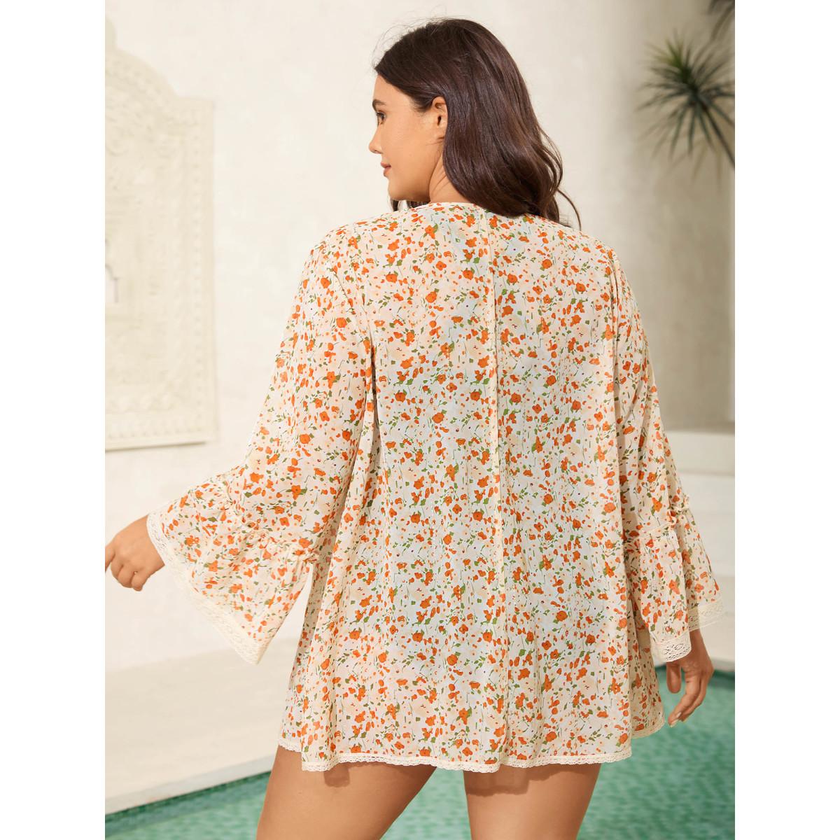 Plus Size Fine Glitter Print Front-Tie Kimono Women Brightorange Tie knot Loose Vacation Kimonos BloomChic 30/6X Product Image