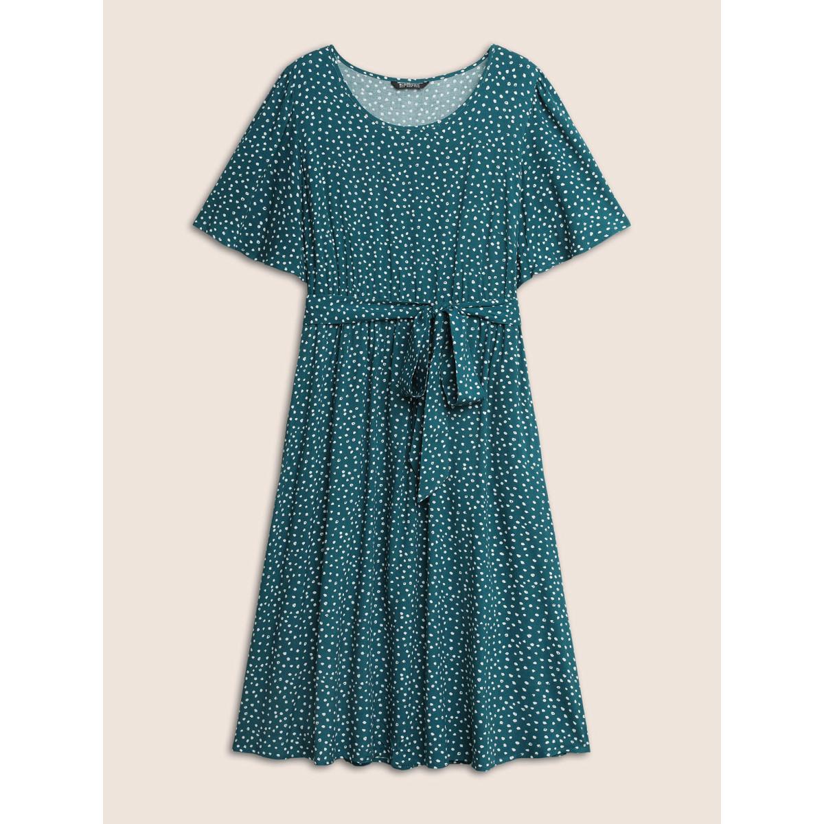 Plus Size Polka Dot Belted Flutter Sleeve Crew Neck Dress Teal Women Elegant Non Round Neck Short sleeve Curvy Midi Dress BloomChic 18-20/2X Product Image