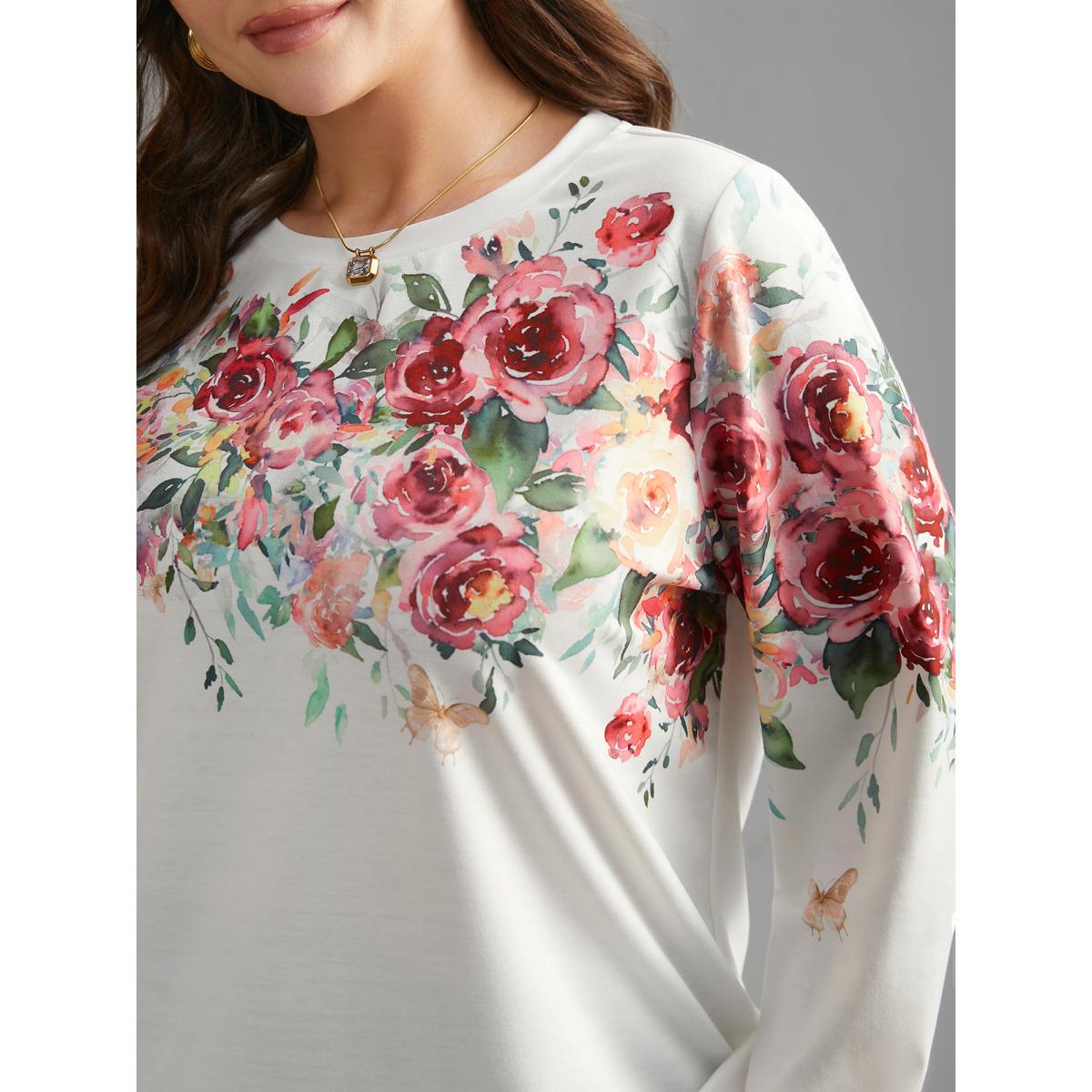 Plus Size Watercolor Floral Print Round Neck Sweatshirt Women WhiteSmoke Elegant Contrast Loose Round Neck Everyday Sweatshirts BloomChic 12/L Product Image