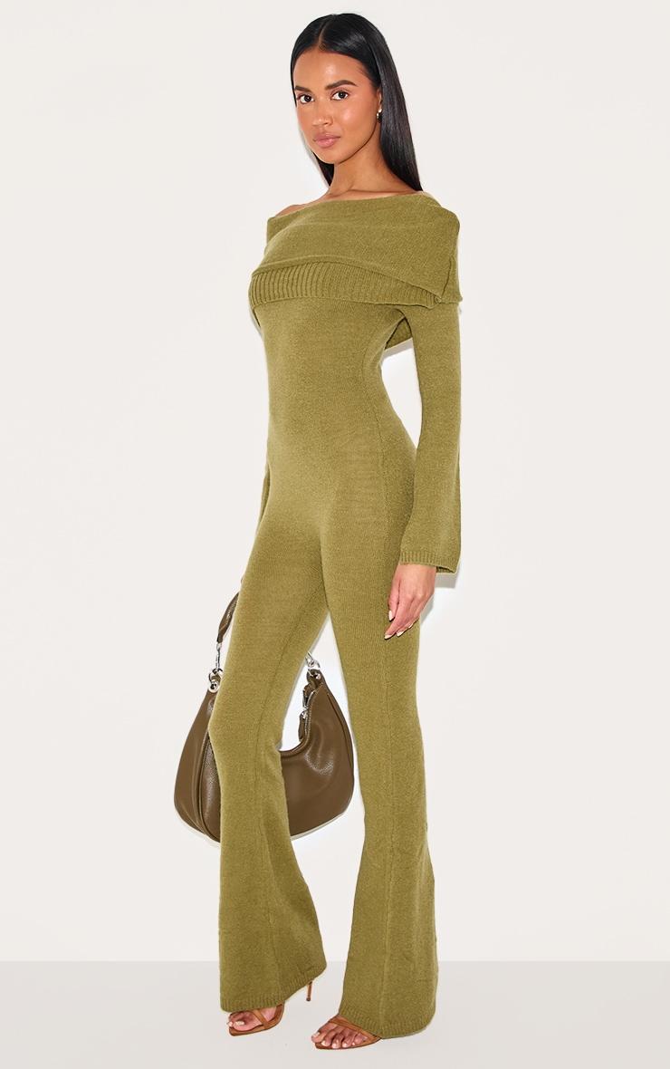 Olive Soft Knit Bardot Foldover Asymmetric Neck Jumpsuit Product Image