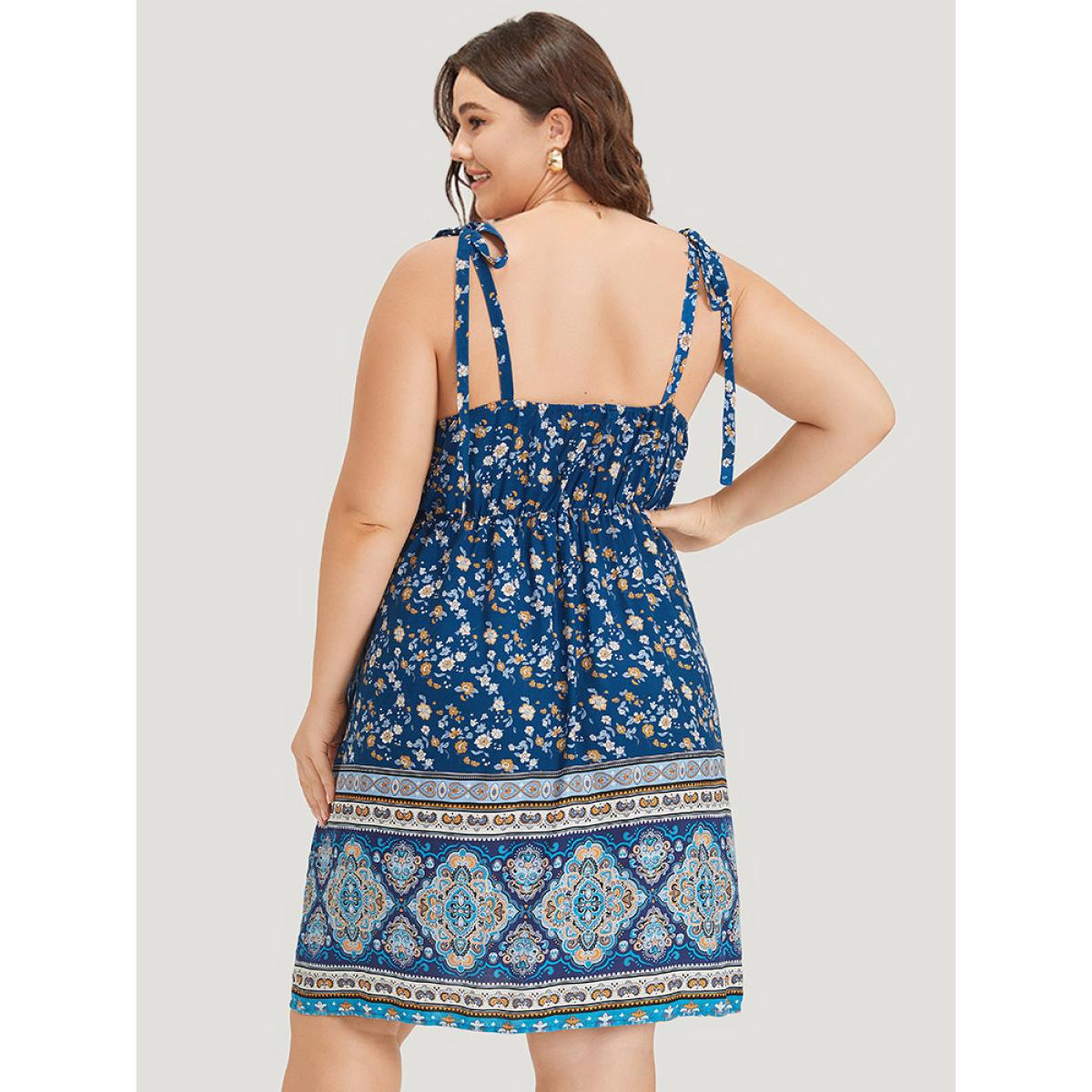 Plus Size Boho Print Knot Lace Trim Pocket Cami Dress Navy Women Elegant Cross straps V-neck Sleeveless Curvy Knee Dress BloomChic 26/4X Product Image