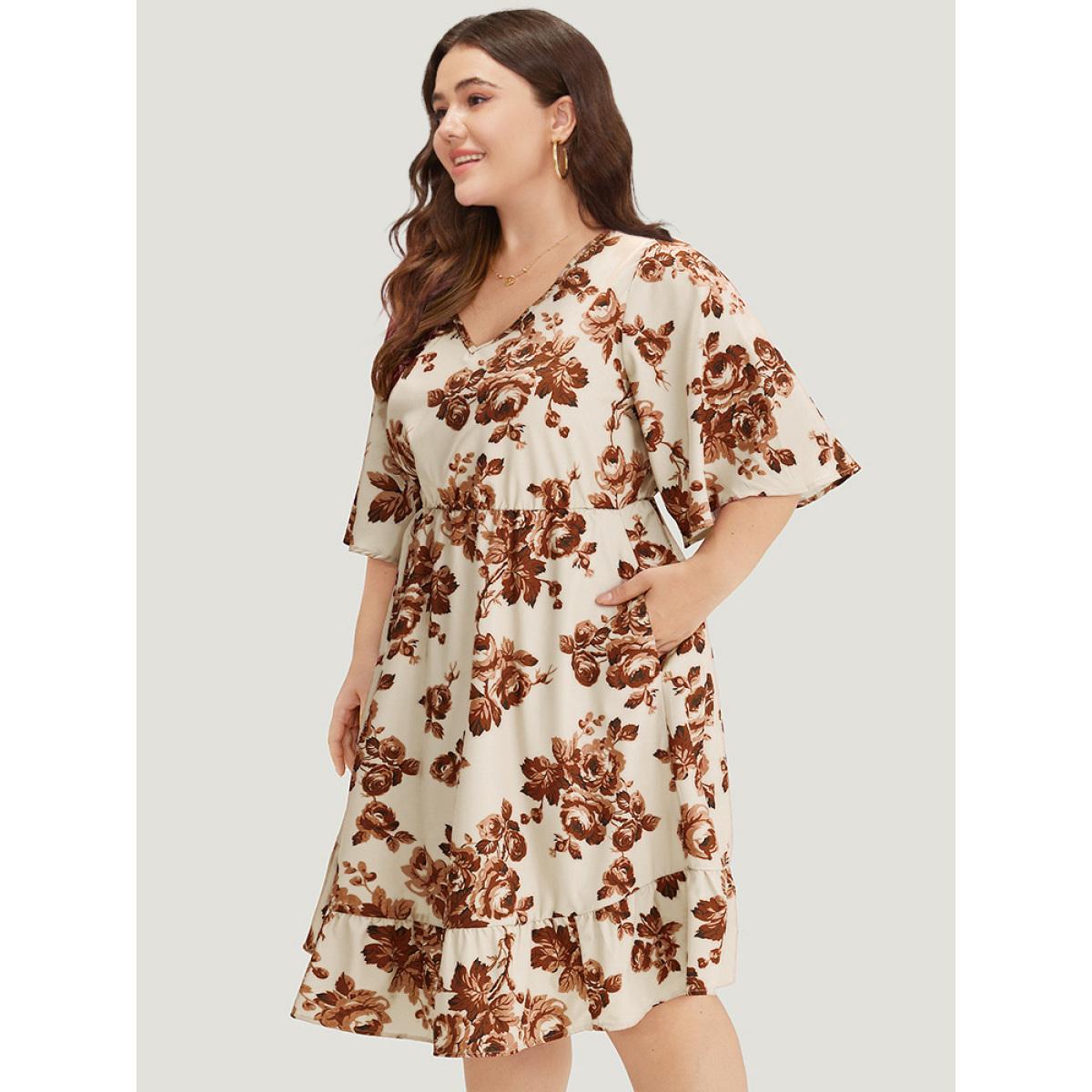 Plus Size Floral Print Pocket Flounce Sleeve Ruffle Dress Russet Women Elegant Printed V-neck Half Sleeve Curvy Midi Dress BloomChic 14-16/1X Product Image