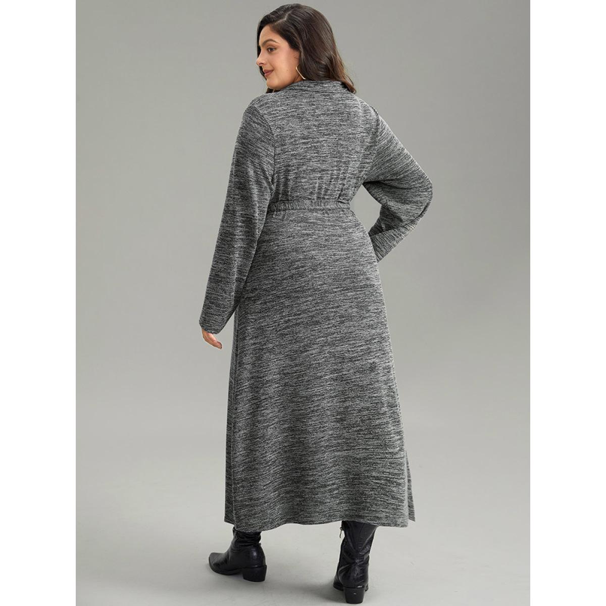 Plus Size Solid Pocket Elastic Waist Ties Split Hem Dress DimGray Women Casual Plain Lapel Collar Long Sleeve Curvy Midi Dress BloomChic 14-16/1X Product Image