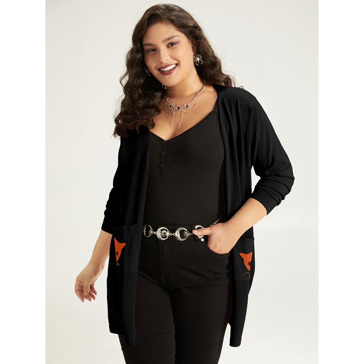 Plus Size Halloween Cat Print Split Side Patched Pocket Cardigan Black Women Casual Loose Long Sleeve Festival-Halloween Cardigans BloomChic 14-16/1X Product Image