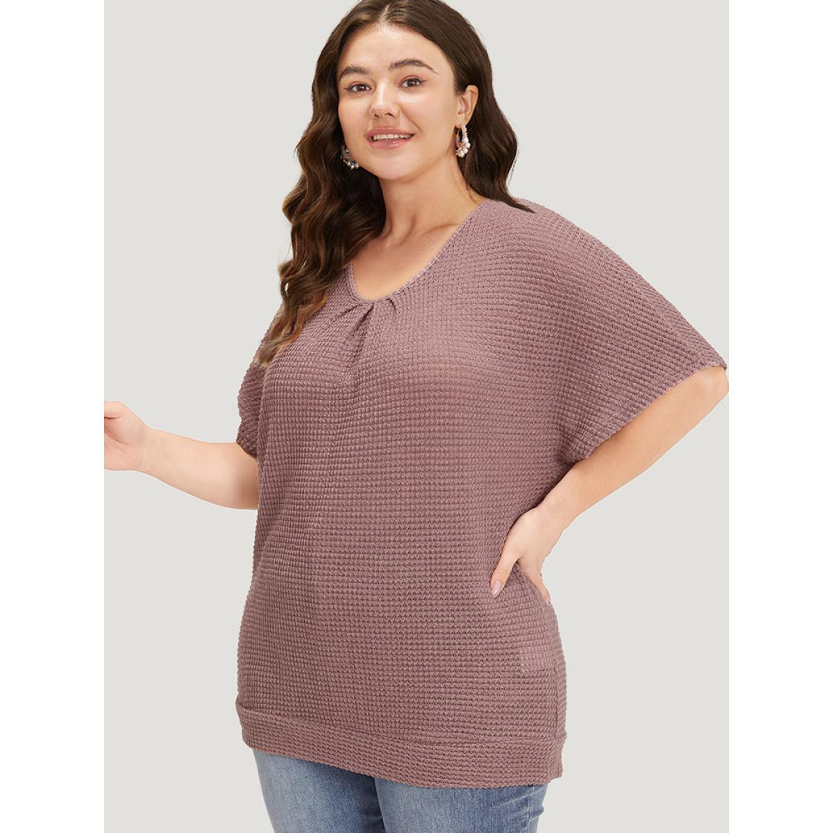 Plus Size Plain Waffle Knit Plicated Detail Guipure Lace Flutter Sleeve T-shirt DustyPink Women Elegant Non Plain Round Neck Work T-shirts BloomChic 30/6X Product Image