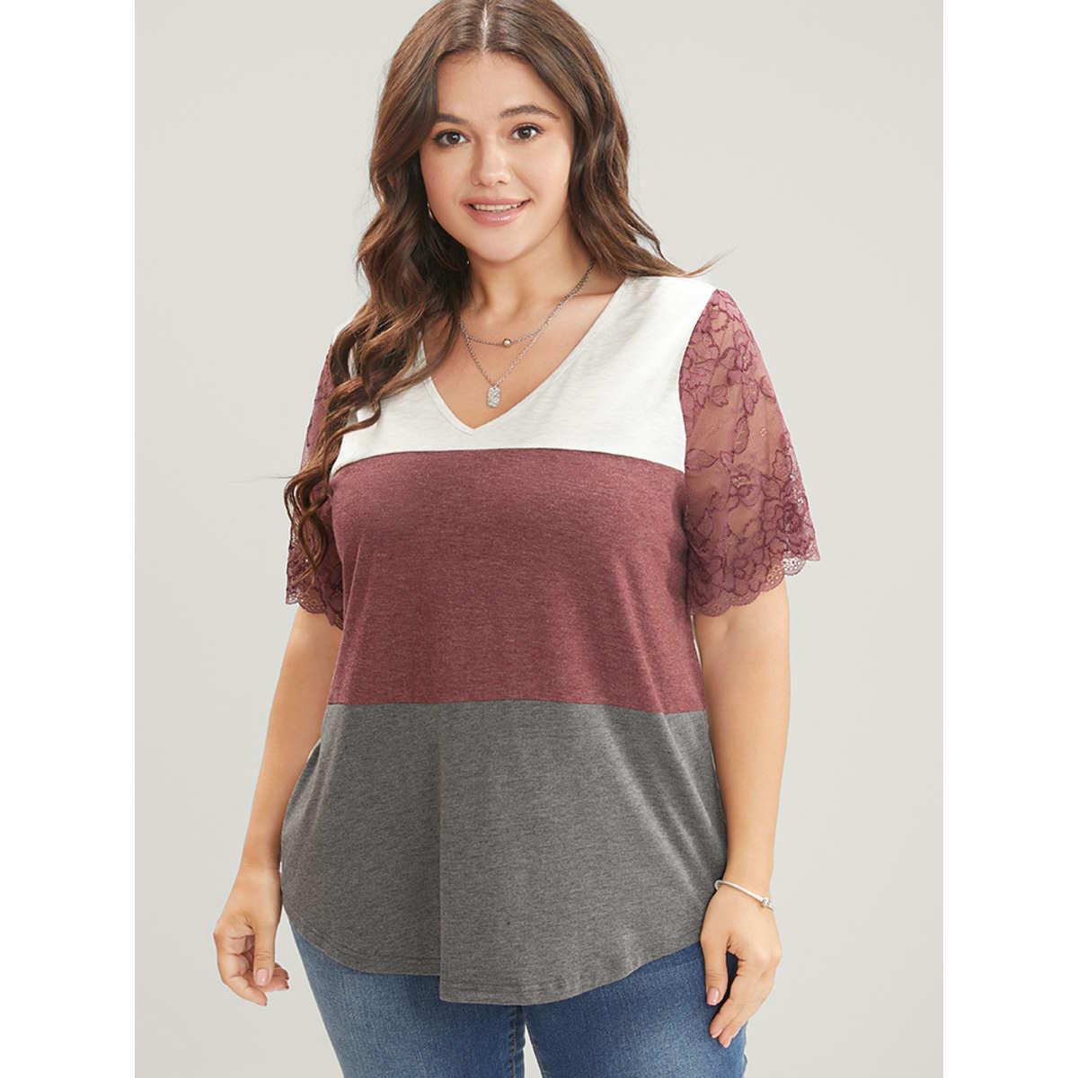 Plus Size Lace Sheer Sleeve Color Contrast T-Shirt Multicolor Women Contrast V-neck Everyday-Casual T-shirts BloomChic 18-20/2X Product Image