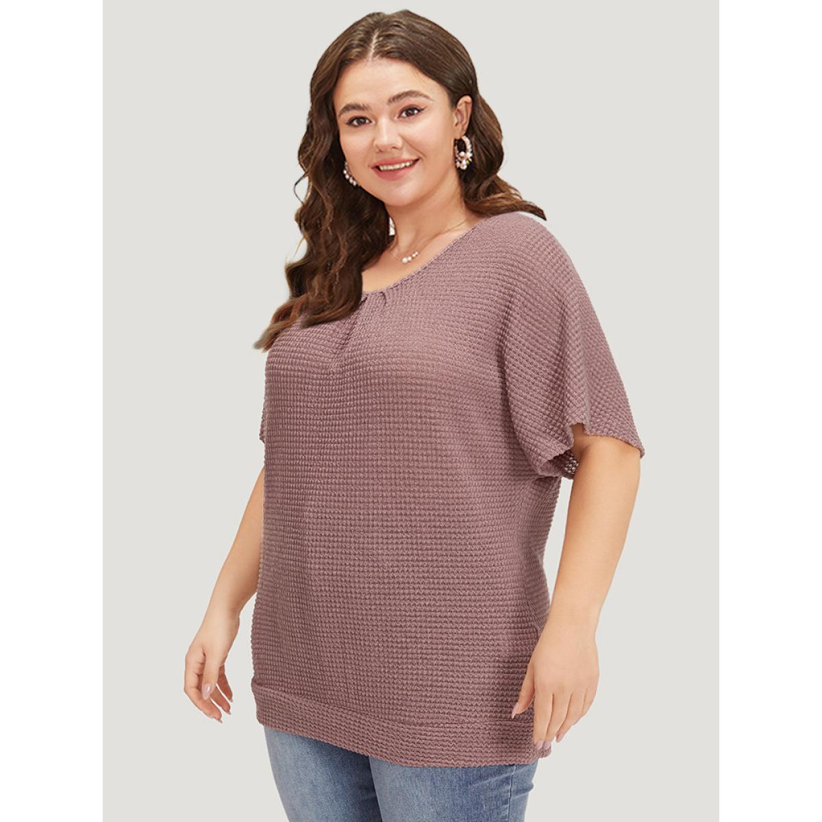 Plus Size Plain Waffle Knit Plicated Detail Guipure Lace Flutter Sleeve T-shirt DustyPink Women Elegant Non Plain Round Neck Work T-shirts BloomChic 30/6X Product Image
