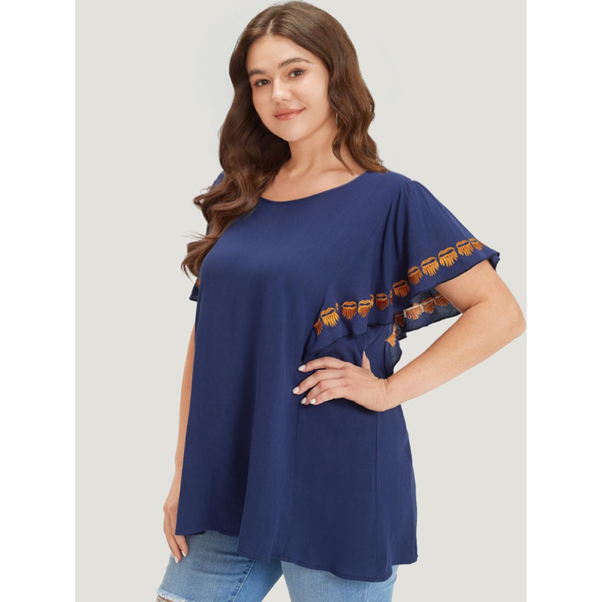 Plus Size Indigo Contrast Embroidered Ruffle Trim Crew Neck Blouse Women Elegant Short sleeve Round Neck Dailywear Blouses BloomChic 14-16/1X Product Image