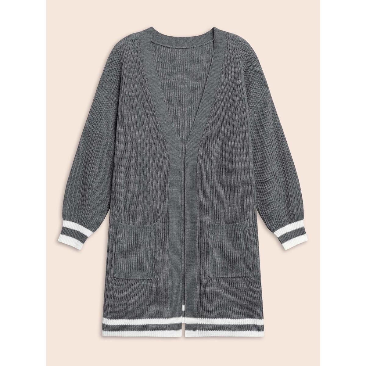 Plus Size Texture Striped Patchwork Patched Pocket Cardigan DarkGray Women Casual Loose Long Sleeve Everyday Cardigans BloomChic 30/6X Product Image