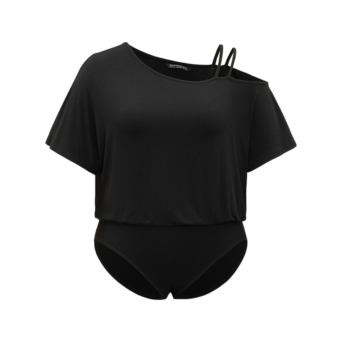 Plus Size Plain One Shoulder Batwing Sleeve Cami Bodysuit Women Black Plain One-shoulder Bodysuits BloomChic 22-24/3X Product Image