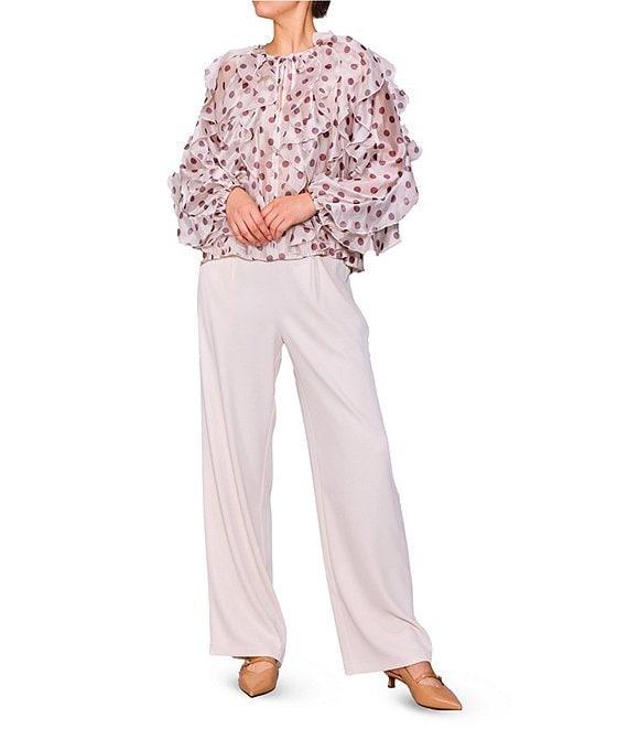 MELLODAY Polka Dot All Over Ruffle Tie Front Long Sleeve Blouse Product Image