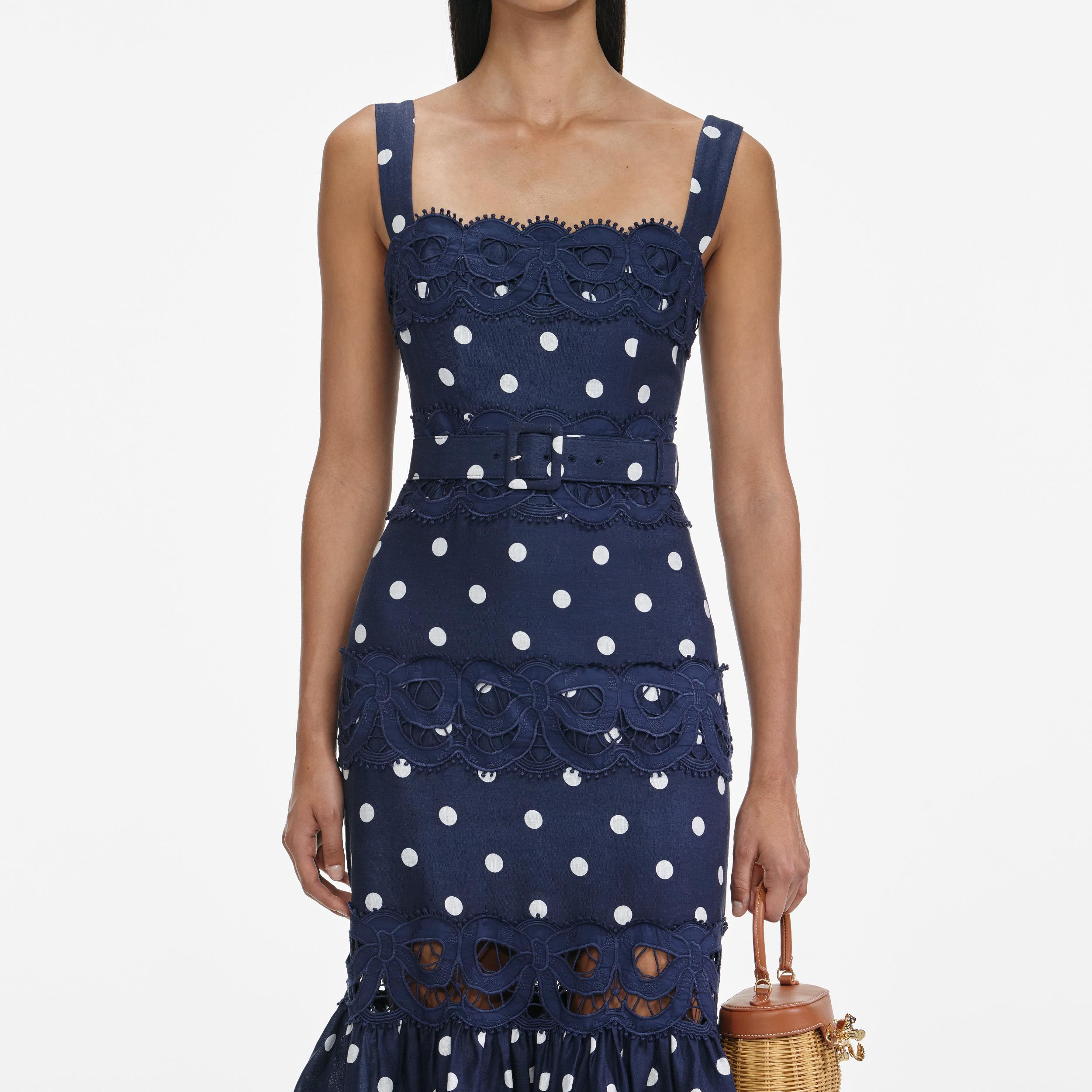 Navy Polka Dot Linen Midi Dress Product Image
