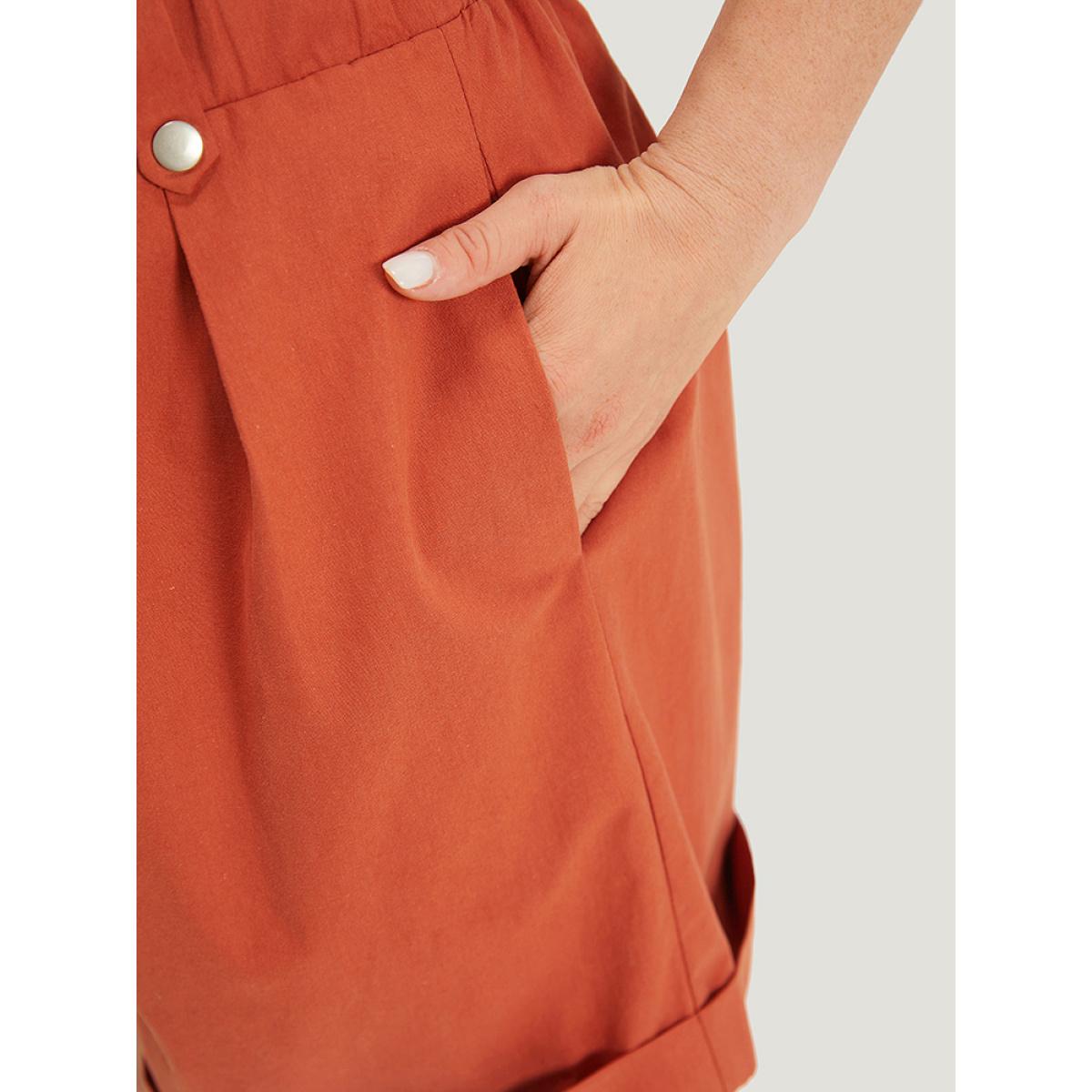 Plus Size Solid Pocket Pleated Roll Hem Button Detail Shorts Women Rust Elegant Plain Dailywear Shorts BloomChic 22-24/3X Product Image