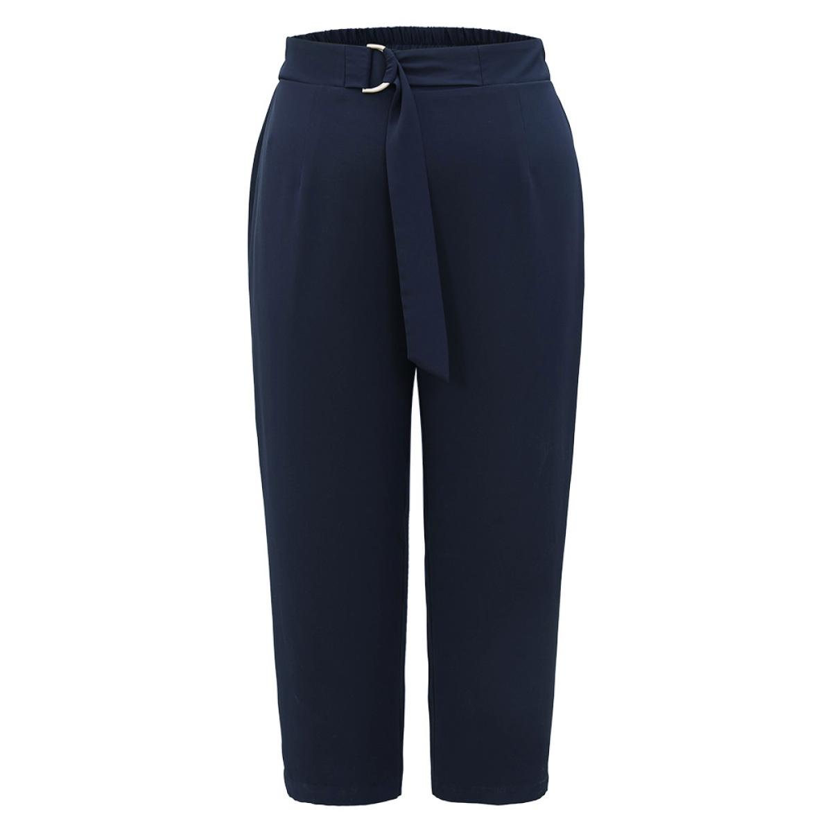 Plus Size Plain Buckle Detail Bowknot Pocket Pants Women Midnight Elegant High Rise Dailywear Pants BloomChic 26/4X Product Image