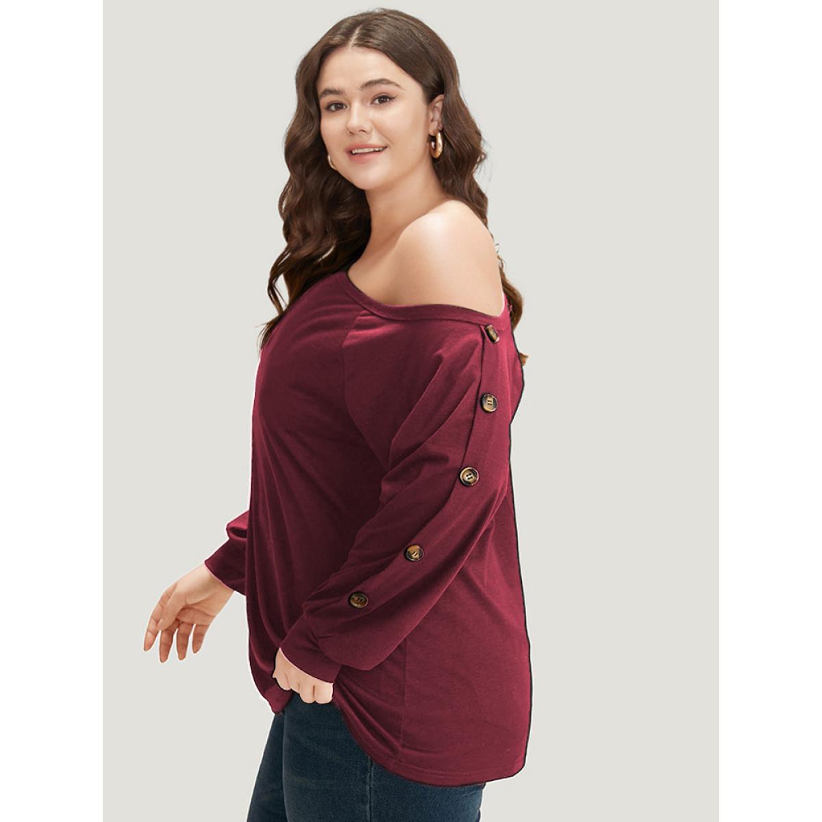 Plus Size Plain One Shoulder Button Detail Elastic Cuffs T-shirt Raspberry Women Elegant Elastic cuffs Plain One Shoulder Dailywear T-shirts BloomChic 10/M Product Image