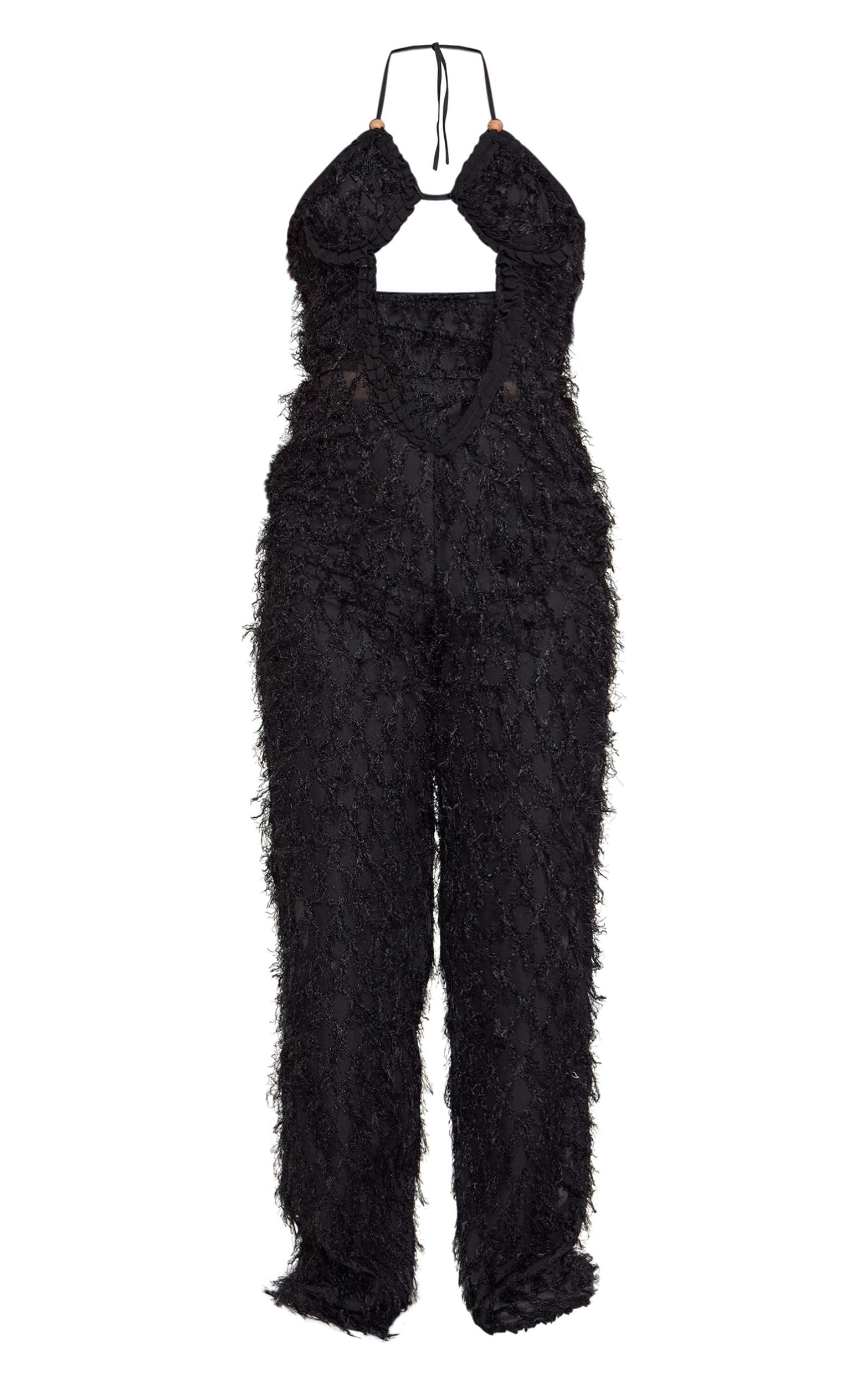Black Cross Front Textured Wide Leg Jumpsuit Product Image