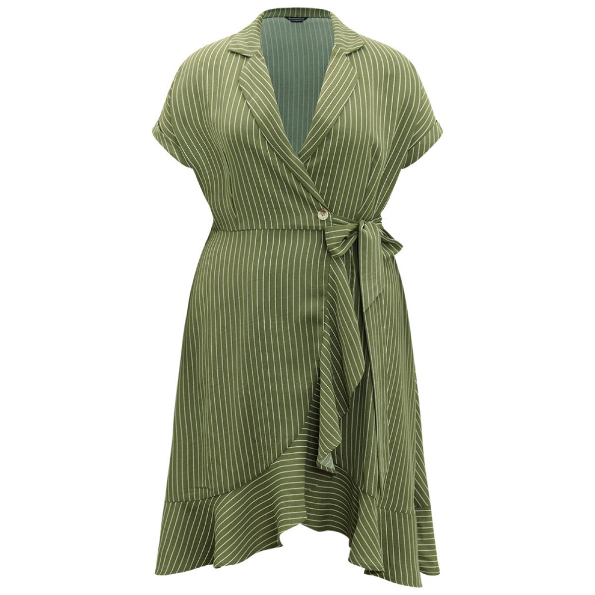 Plus Size Suit Collar Ruffles Pocket Button Up Ties Batwing Sleeve Dress Moss Women Office Button Suit Collar Short sleeve Curvy Midi Dress BloomChic 10/M Product Image