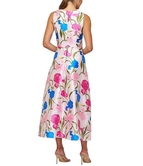 Kay Unger Payton Iris Jacquard Surplice V-Neck Sleeveless Pleated Floral Midi A-Line Gown Product Image