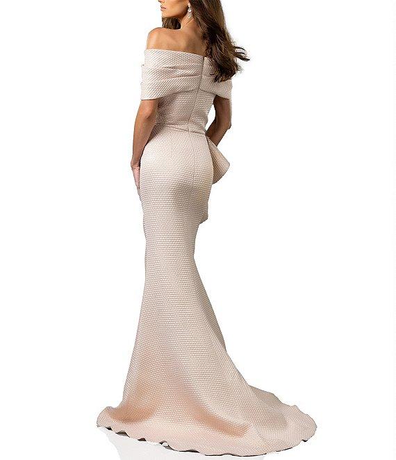 Terani Couture Off-The-Shoulder Ruffle Front Metallic Jacquard Mermaid Gown Product Image