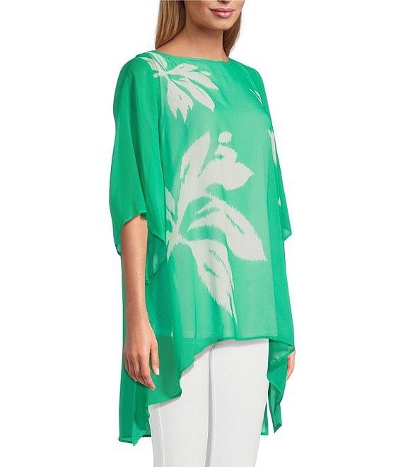 Slim Factor by Investments Simply Green Ikat Flower Placement Print Boat Neck 3/4 Sleeve Lined Tunic Product Image