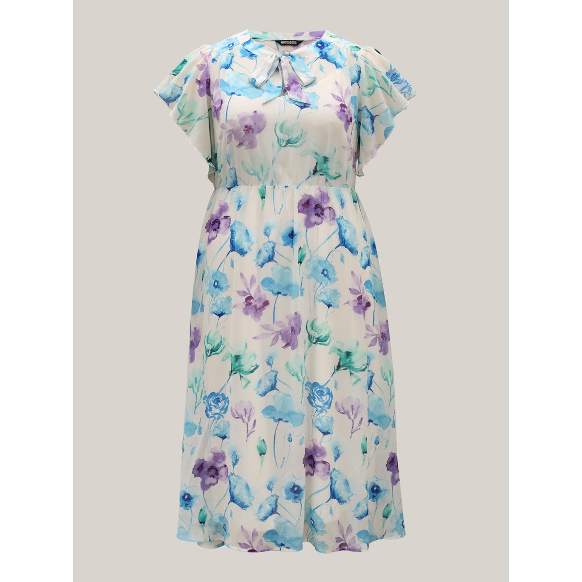 Plus Size Breezy Floral Stretchy Waist Sheer Midi Dress Lavender Women Ribbon-tied collar Cap Sleeve Curvy BloomChic 22-24/3X Product Image