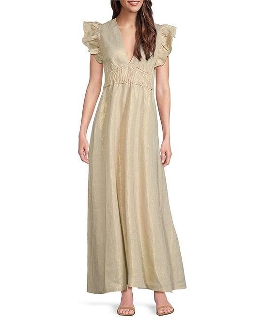 SAIL to SABLE Gold Linen Blend V-Neck Flutter Sleeve A-Line Midi Dress Product Image