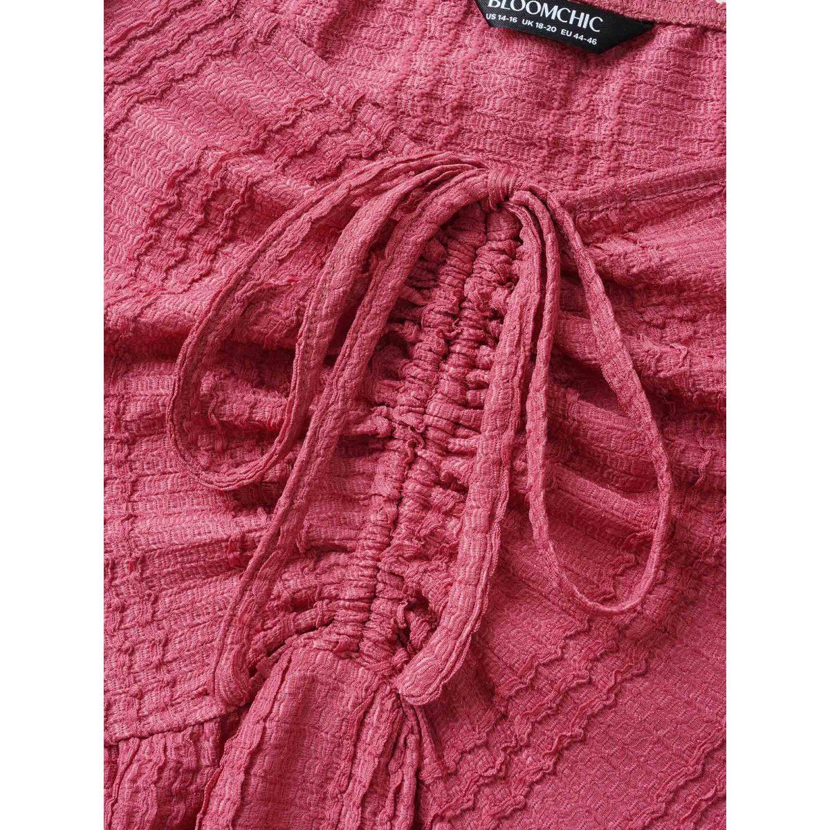 Plus Size Textured Heart Neckline Ruffle Sleeve Dress Rosered Women Elegant Texture Heart neckline Short sleeve Curvy BloomChic 22-24/3X Product Image