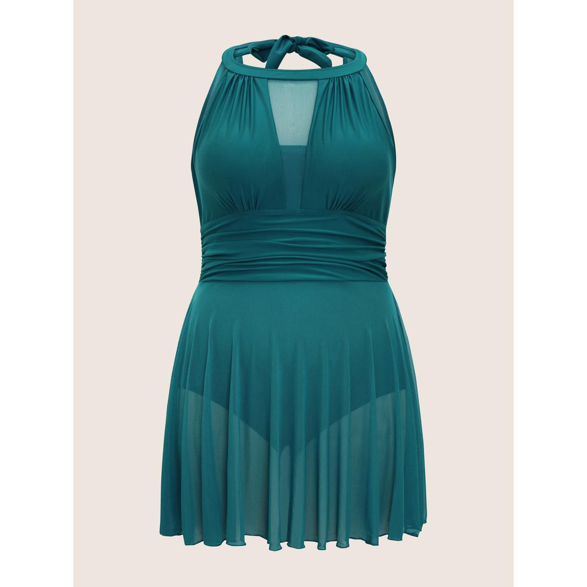 Plus Size Knotted Back Mesh Insert Halter Swim Dress Women's Swimwear Aegean Beach Bodycon Round Neck High stretch Curve Swim Dresses BloomChic 14-16/1X Product Image