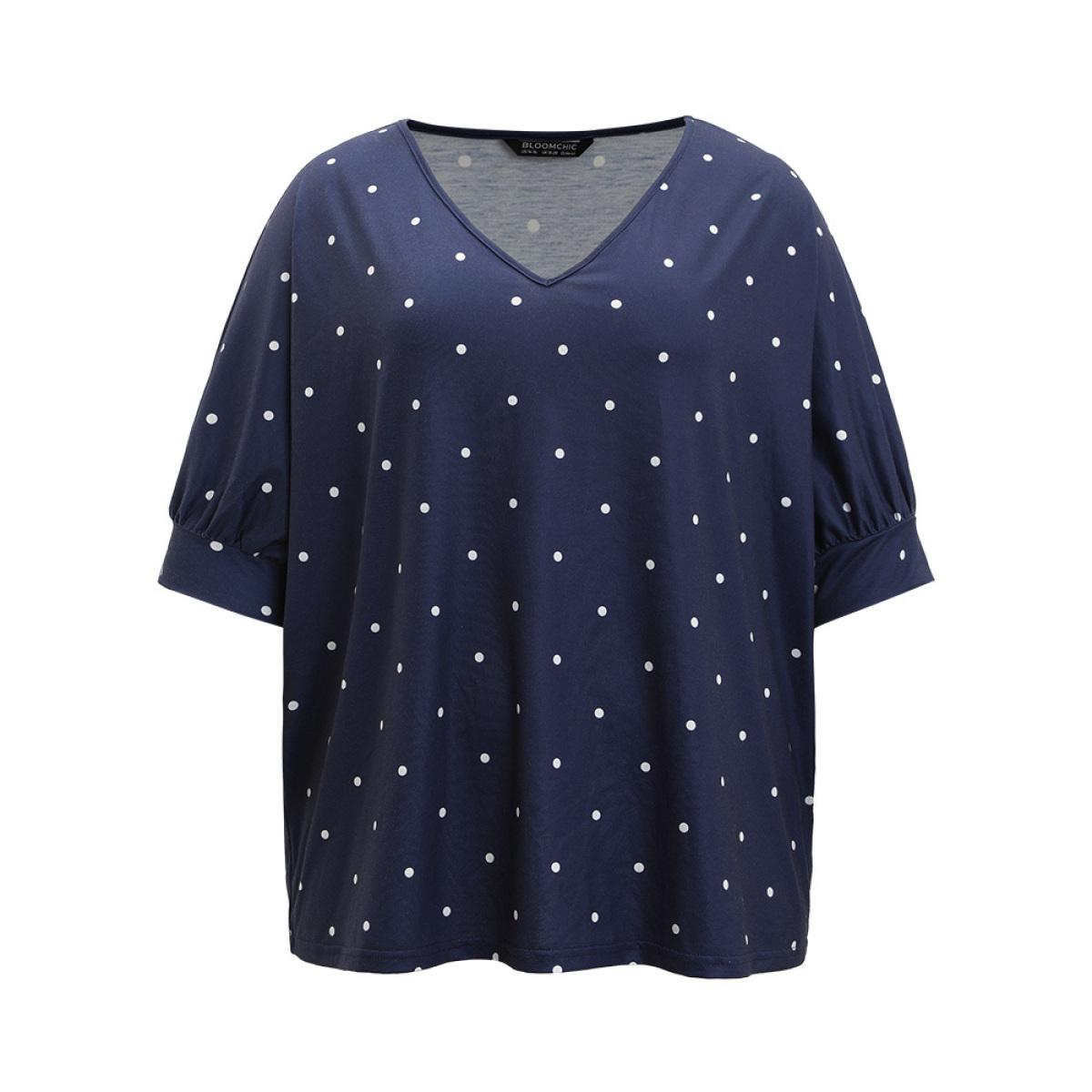 Plus Size Polka Dot V Neck Lantern Sleeve T-shirt Indigo Women Elegant Elastic cuffs Polka Dot V-neck Dailywear T-shirts BloomChic 12/L Product Image