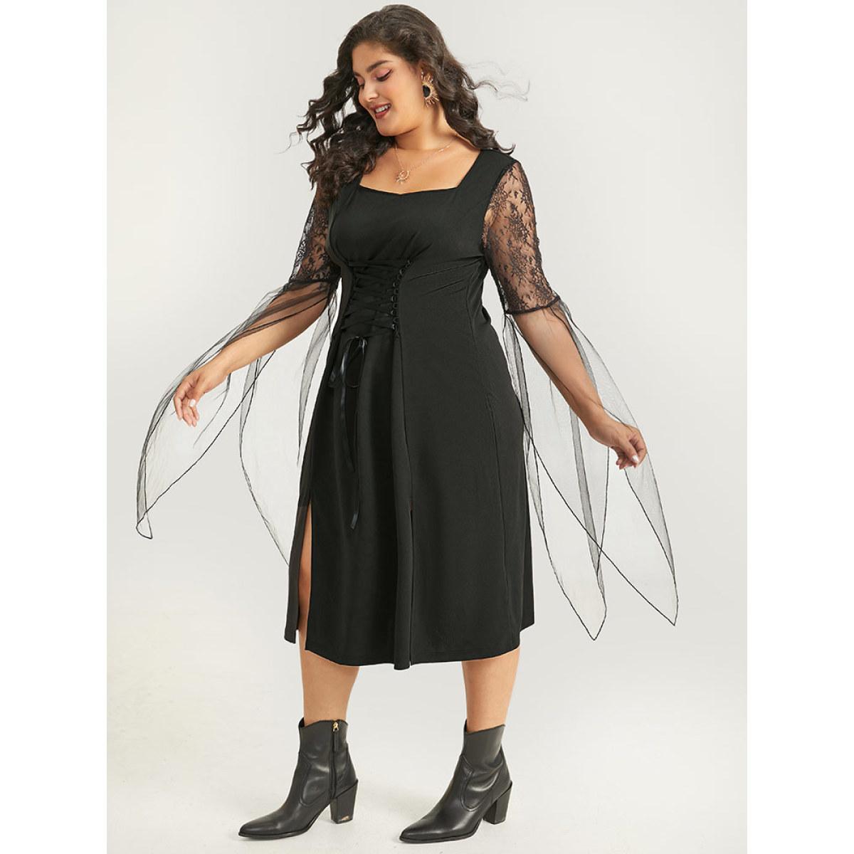 Plus Size Halloween Patchwork Lace Mesh Split Hem Lace Up Dress Black Women Glamour Cross straps Square Neck Short sleeve Curvy Midi Dress BloomChic 12/L Product Image