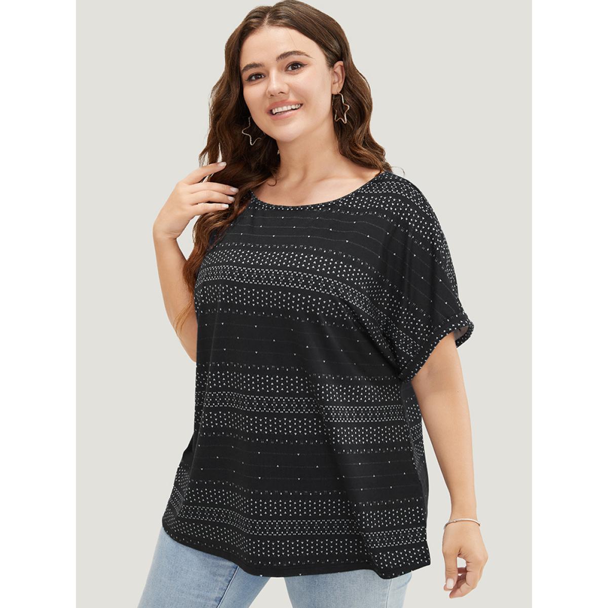 Plus Size Geometric Print Backless Roll Dolman Sleeve T-shirt Black Women Casual Cut-Out Geometric Round Neck Dailywear T-shirts BloomChic 28/5X Product Image