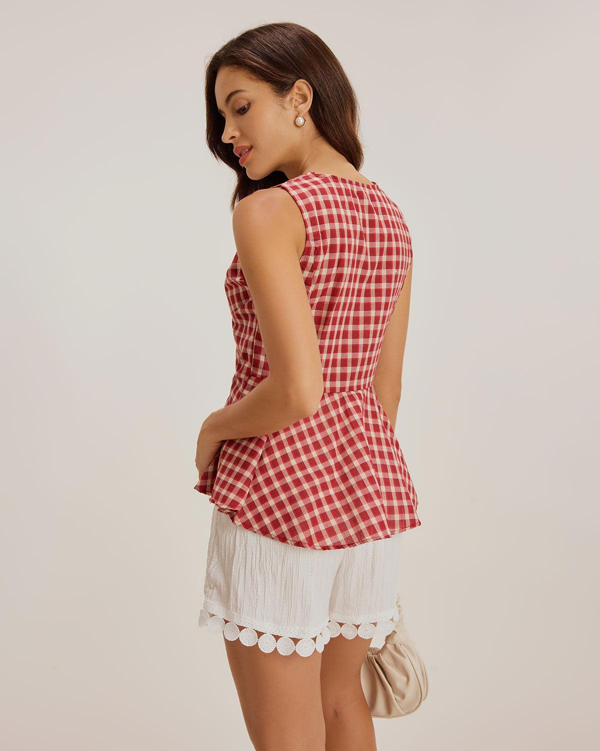 Red Plaid V Neck Ruffle Tank Top Product Image