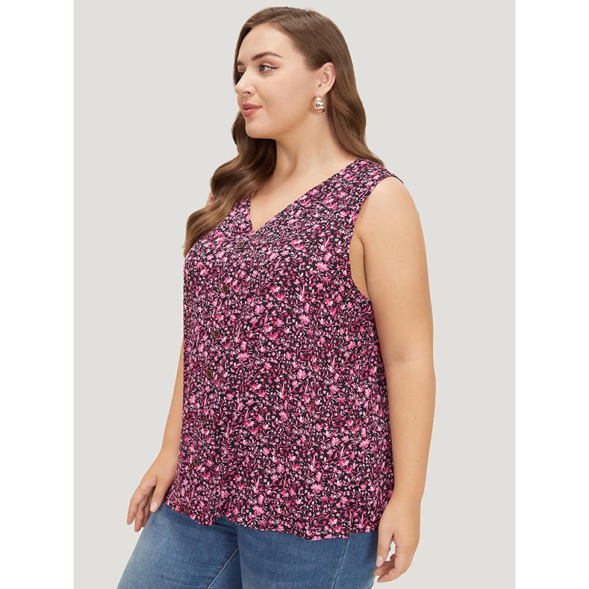 Plus Size Ditsy Floral Sleeveless Button Detail Tank Top Women BlackFlower Casual Button V-neck Everyday Tank Tops Camis BloomChic 30/6X Product Image