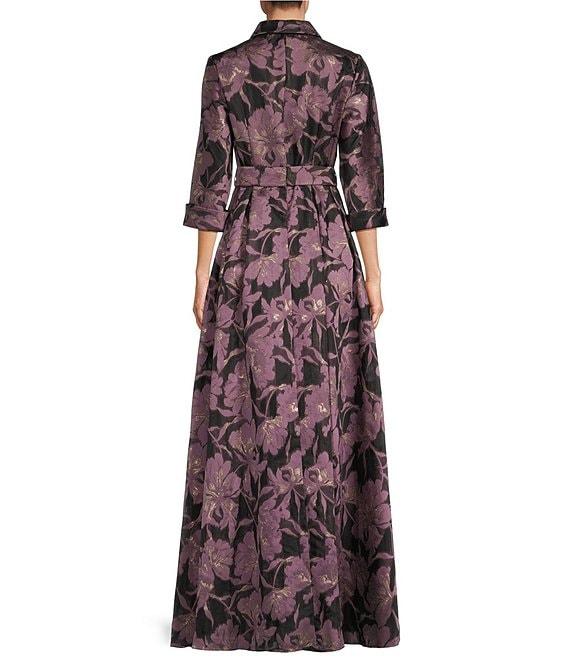 Alex Evenings Collared Neck 3/4 Sleeve Tie Sash Belt Jacquard Ball Gown Product Image