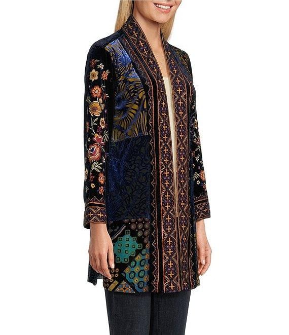 John Mark Patched Burnout Velvet 3/4 Sleeve Open Front Jacket Product Image