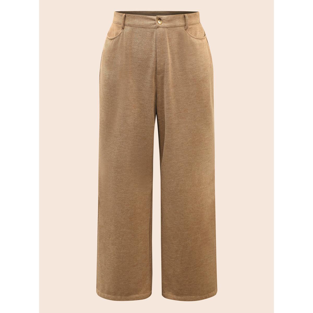 Plus Size Mid Rise Slanted Pocket Wide Leg Pants Women Tan Elegant Wide Leg Mid Rise Everyday Pants BloomChic 26/4X Product Image