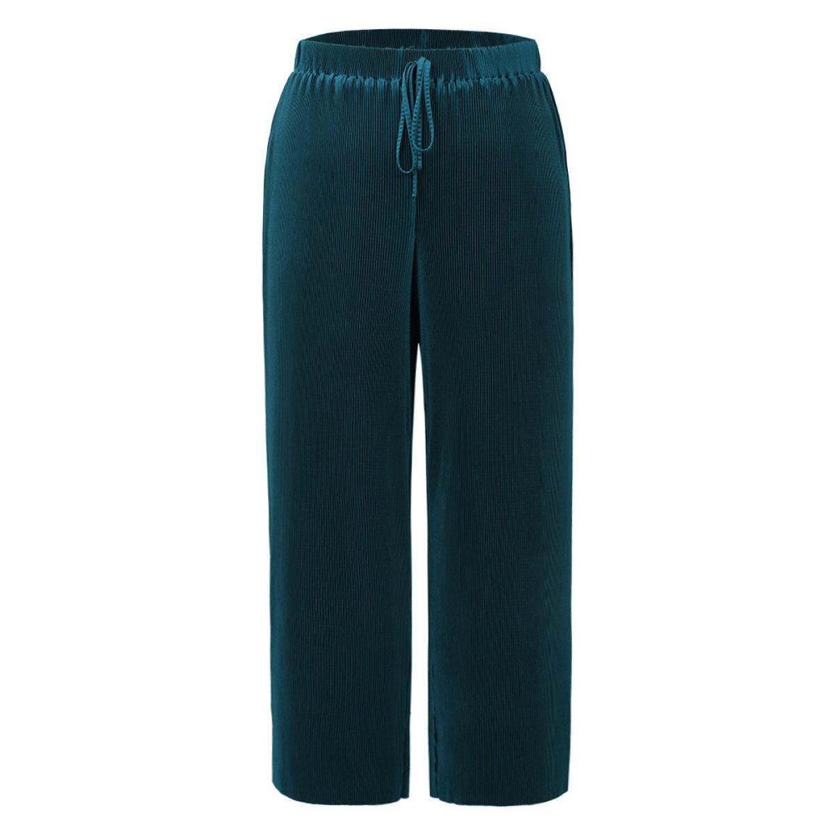 Plus Size Solid Ties Plested Straight Leg Pants Women Cyan Office Wide Leg High Rise Dailywear Pants BloomChic 22-24/3X Product Image