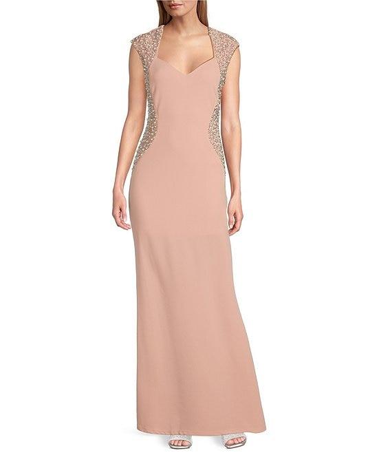 Marina Sweetheart Neck Cap Sleeve Beaded Side Detail Sheath Dress Product Image