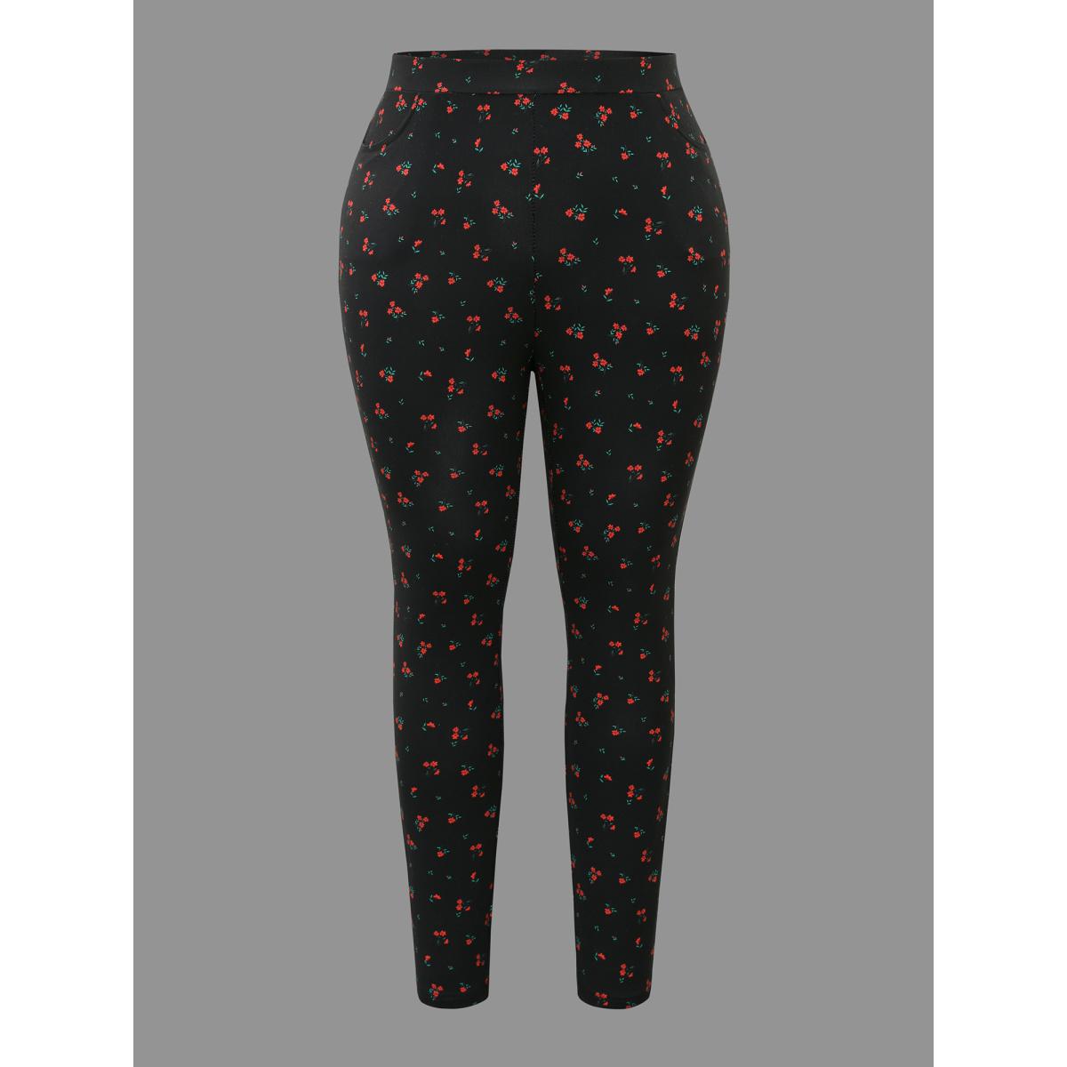 Plus Size Ditsy Floral Pocket Skinny Leggings Women BlackFlower Elegant High stretch Skinny Mid Rise Everyday Leggings BloomChic 30/6X Product Image