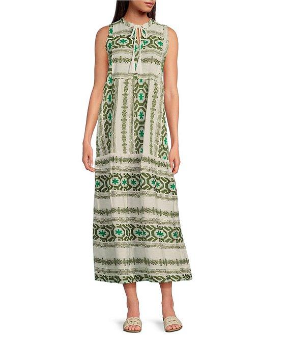 ELAN Geometric Print Tassel Split V-Neck Sleeveless Midi Dress Product Image