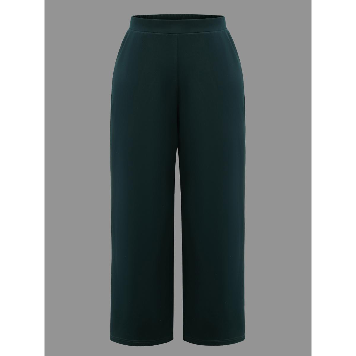 Plus Size Solid Elastic Waist Wide Leg Pants Women DarkGreen Workwear Essentials Wide Leg Mid Rise Work Pants BloomChic 30/6X Product Image